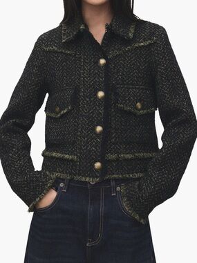 Mango Black and Olive Tweed Fringe Jacket